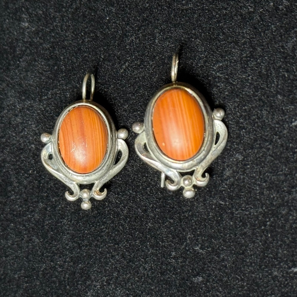 Vintage MC 925 Sterling Silver Orange Banded Agate Drop Artisan Earrings - Picture 2 of 7